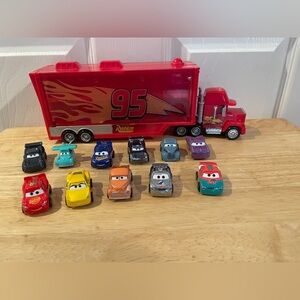 Disney Pixar Mack Hauler truck and 11 Mini Racers Lot
